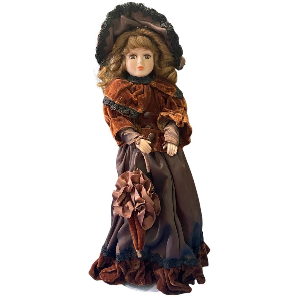 Vtg Porcelain Doll Brown Eyes Lashes Brunette Wavy Hair Shoes Umbrella Stand - Picture 3 of 13